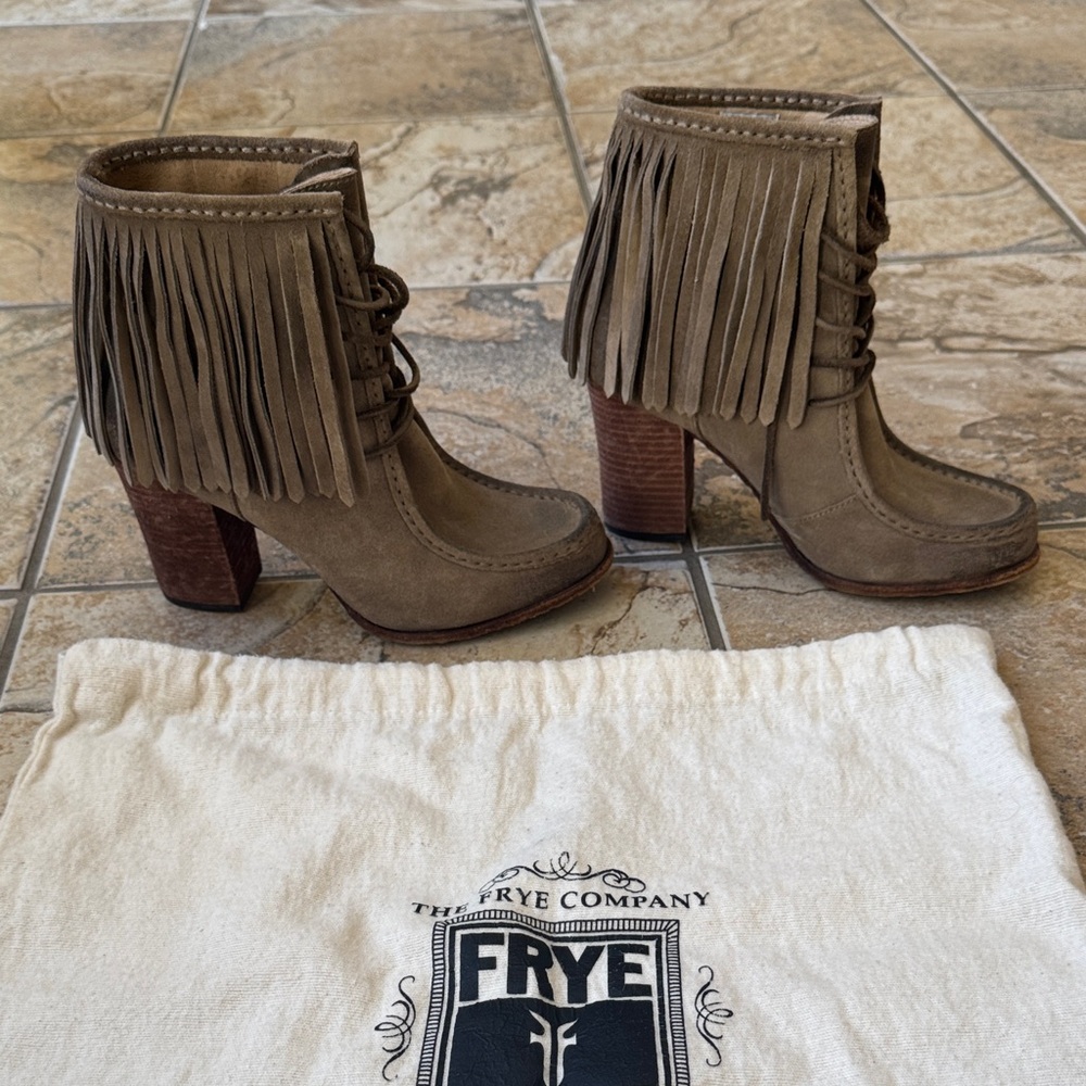 Frye Taupe Suede Fringe Lace-Up Ankle Boots